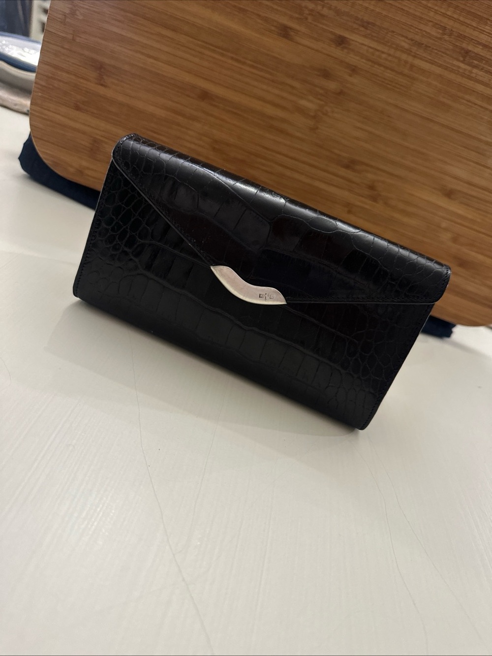 Ralph Lauren Black Croc-Embossed Leather Wallet sterling silver Clutch